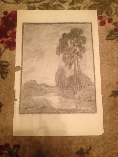 Antique Early 20th Century Charcoal Landscape Drawing w/ Trees & Body of Water