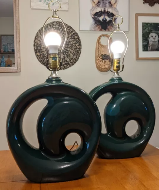 MCM RARE pair of Ceramic Abstract Lamps Hunter Green 15 In Tall 13 In Wide