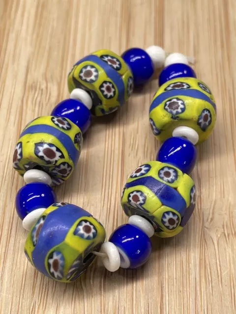 African Trade Beads Antique Venetian Blue Stripe Yellow Thick Discs Matching