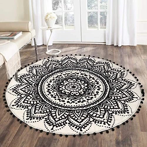 LIVEBOX Boho Area Rug 4ft Black and Cream Mandala Round Bedroom Rug with Chic...
