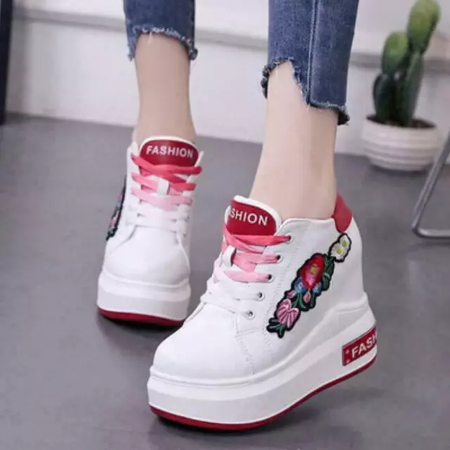 Embroidery Floral Women's Platform Sneakers Hidden Wedge Shoes Lace Up Korean SZ