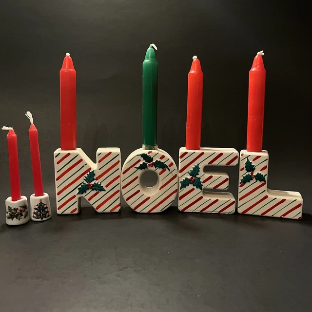 Vtg Ceramic Christmas NOEL Letter Candleholders Candy Stripe Mini Holders -As Is