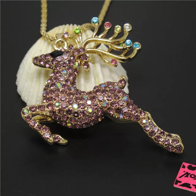 New Purple Bling Cute Elk Deer Crystal Holiday gifts Pendant Women Necklace