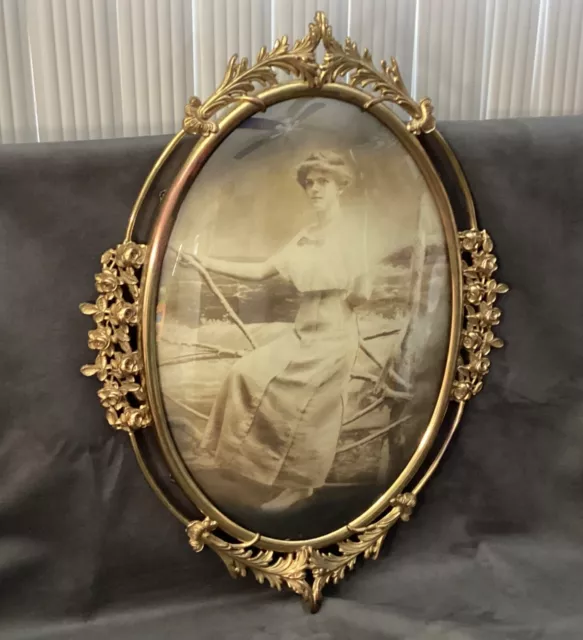 Antique Victorian Portrait Large Ornate Brass Gold Rose Frame With Convex Glass