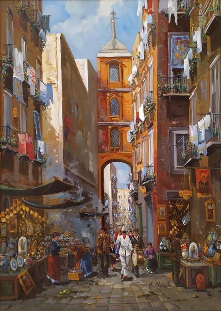 San Gregorio Armeno Strada di Napoli con Figure Dipinto ad Olio firmato Murolo