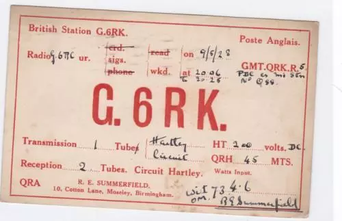 vintage qsl radio communication card birmingham  england 1928 ref r15297