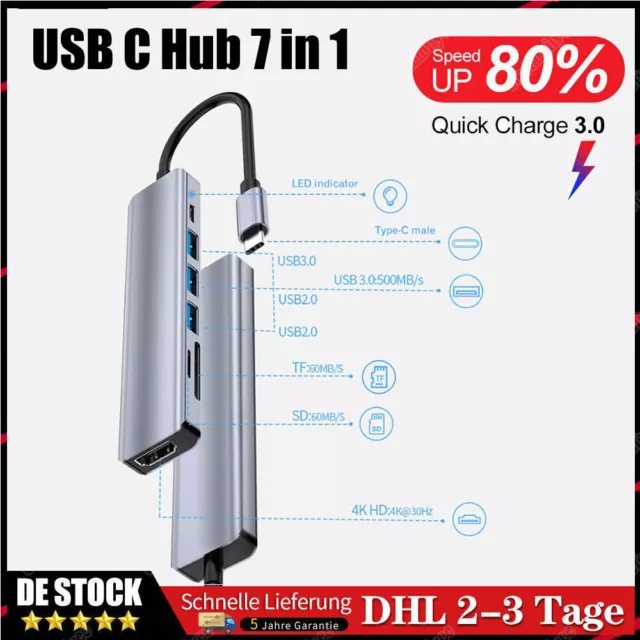 USB C Hub 7 in 1 Adapter HDMI 4K USB 3.0 Micro SD für TV Macbook Laptop Samsung✅