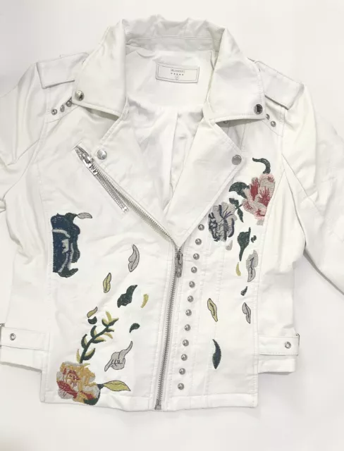 BLANKNYC Floral Embroidered Studded Faux Leather Moto Jacket S White Asymmetric 2