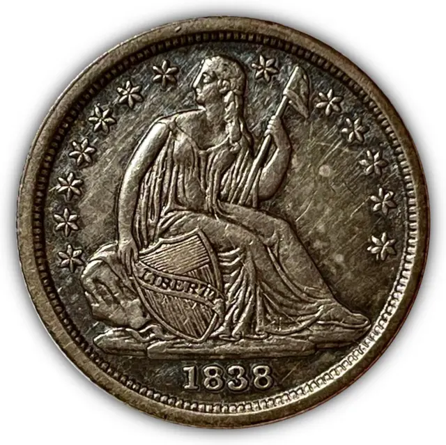 1838 Large Stars Seated Liberty Dime Choice Almost Uncirculated AU+ Coin 4677