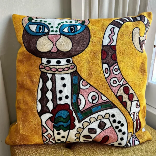 Laurel Burch Inspired  Abstract Cat Embroidered Throw Pillow Cover 18x18