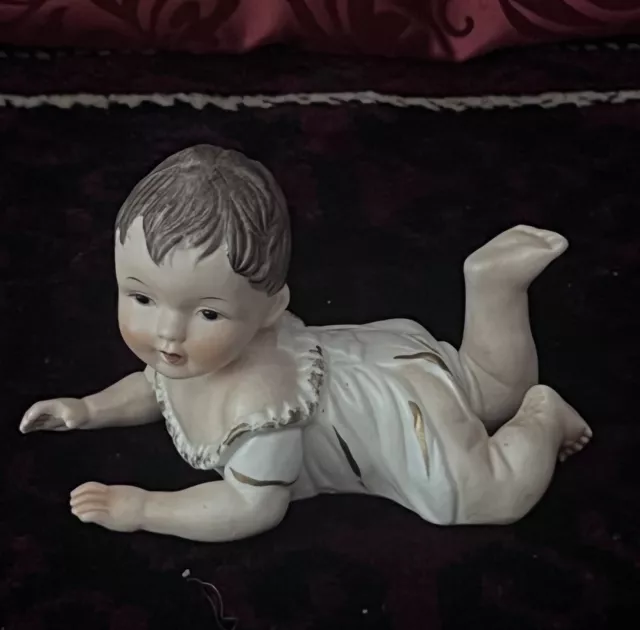 Antique Vintage Piano Baby Laying On Belly 6" Porcelain European Figurine