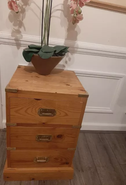 Bedside Cabinet 3 Drawer Solid Pine Chest/Storage Brass. Handles and Edging.