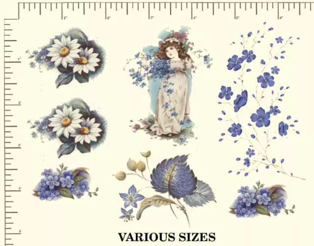 7 Ceramic decals BLUE DESIGNS. Girl. Leaves Flowers. Daisies VARIOUS SIZES B155