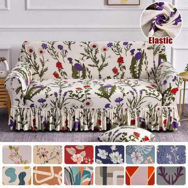 Elastic Sofa Cover with Skirt Washable Furniture Protector Printed Slipcovers
