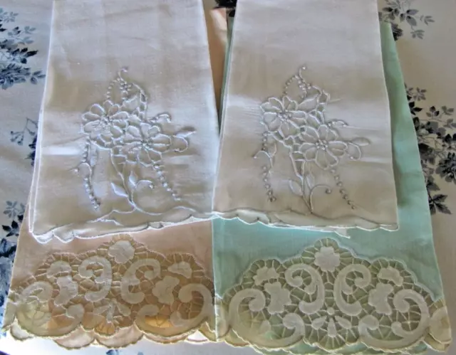 Two Pair Vintage Linen Guest Hand Towels - Pastels - White Embroidery - Floral