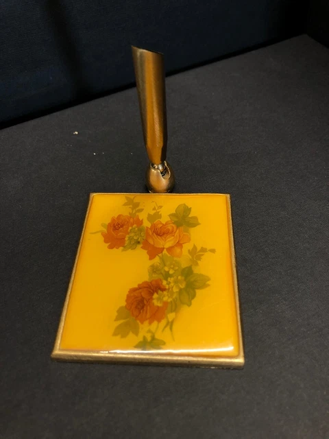 Vintage Ladies Desk Top, Brass & Enamel Pen Holder