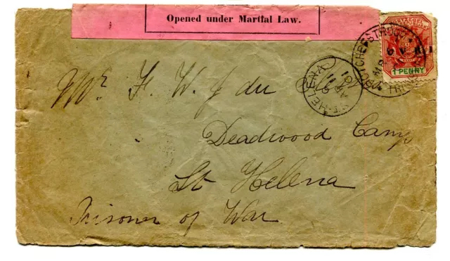 Transvaal 1901 Boer War Censor cover “POTCHEFSTROOM” to Deadwood Camp St. Helena