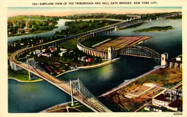 Postcard airplane view Triborough and Hell Gate bridges New York City New York