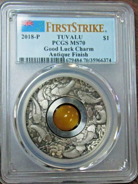 2018-P $1 Tuvalu Good Luck Charm .9999 Silver Antiqued Coin PCGS MS70 FS