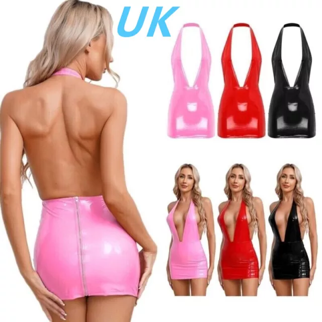 UK Womens Wet Look PVC Leather Mini Dress Backless Halter V Neck Bodycon Dress