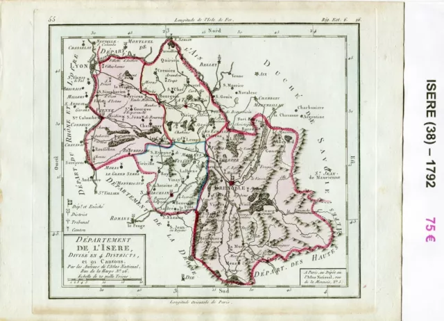 Dépt 38 - XVIII ème Carte de l'Isère Superbe Gravure Cuivre Aquarellée de 1792