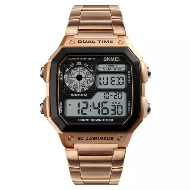 SKMEI Gold Smart Mens Digital Watch Clear Display Stainless Steel Strap Alarm