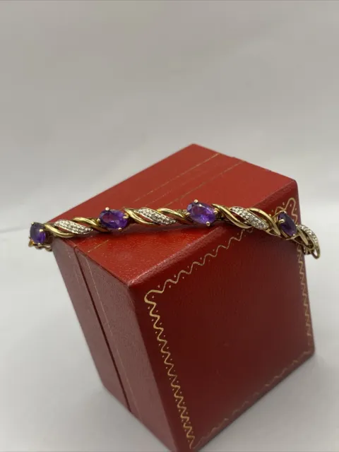 Beautiful 9ct Yellow Gold , Diamond And Amethyst Bracelet - 6.9 Grams