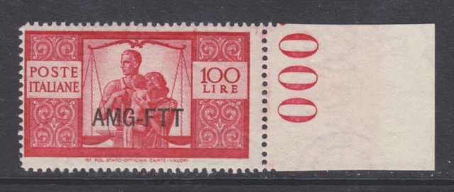 Trieste Sc 69 MNH. 1949 100l carmine lake w/ AMG-FTT ovpt, sheet margin at right