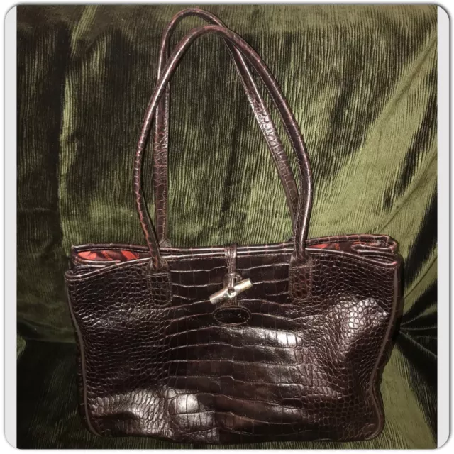 LONGCHAMP Brown Croc Embossed Leather Tote Shoulder Bag made in France