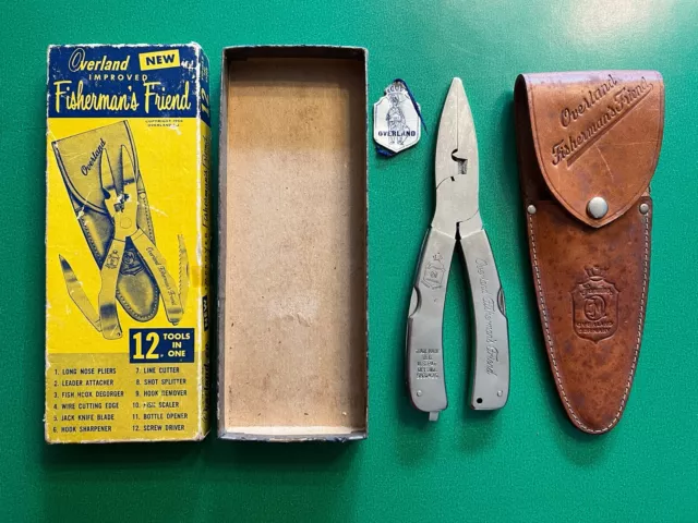 VINTAGE FISHING MULTI Tool Overland Fishermans Friend w/Leather