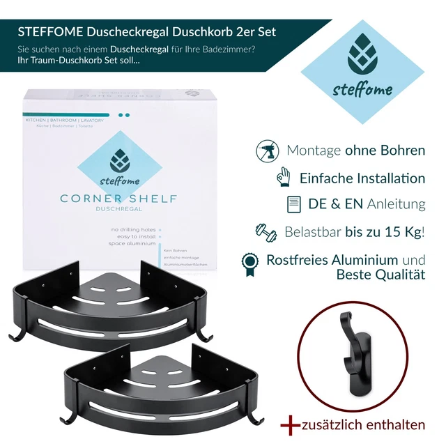 Duschablage Ohne Bohren – Drehbare Eckablage Mit Haken Für Bad & Küche (weiß, Klebend)