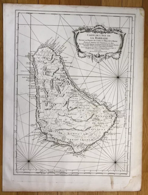 1758 Barbados Island Lesser West Indies Caribbean Bellin Nautical Sea Chart Map