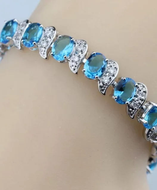 Sterling Silver 925 Natural Blue Lab-Created Opal White Topaz Overlay Bracelet