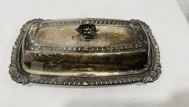 Vintage  Castle Silver Butter Dish Plate With Glass And Lid Silver On Copper