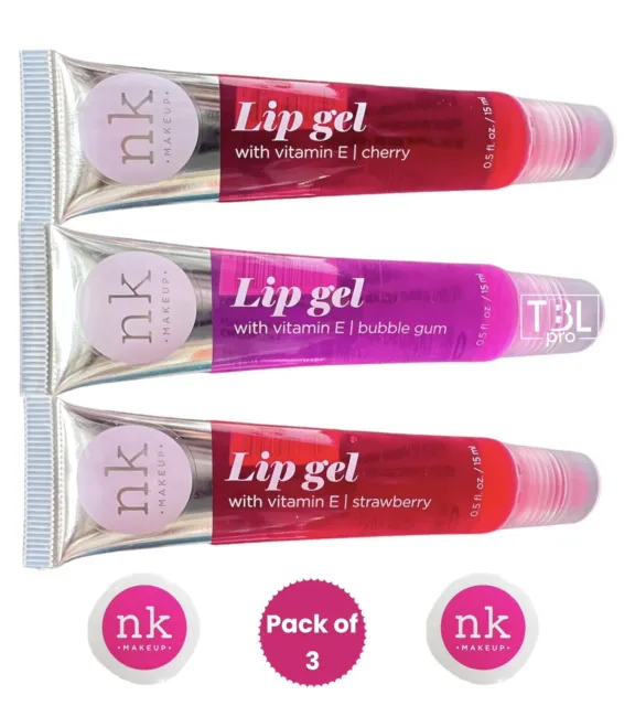 NK Lip Gloss Gel Bubblegum/cherry/strawberry Lipgloss with Vitamin E (Pack of 3)