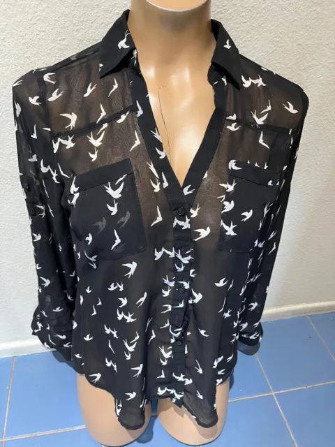 Express Portofino Shirt Black White Bird Long Sleeve Button Top -  Women's Sz XS