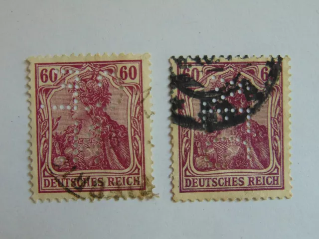 2 gest. (.) 60 Pfennig Marken Dt. Reich "Germania", Mi 92 mit Lochungen