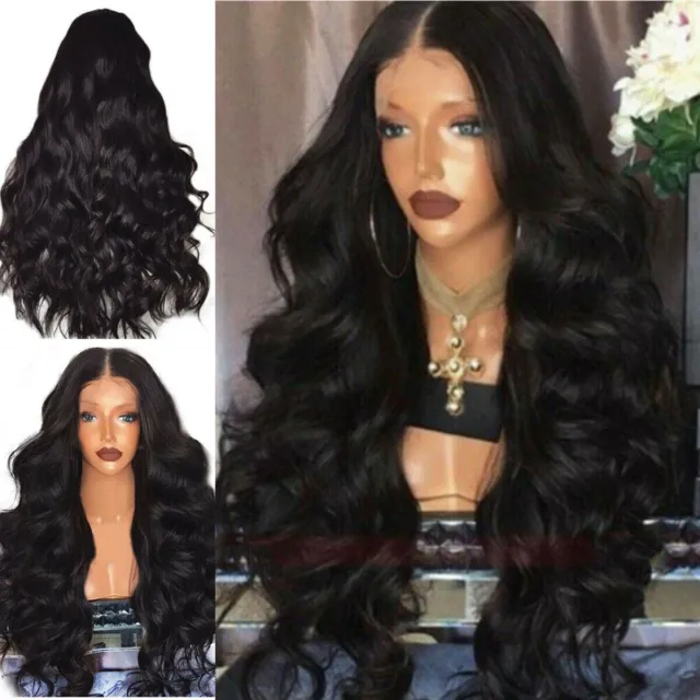Womens Black Long Curly Wigs Brazilian Natural Wavy Hair Cosplay Wig Party Dress
