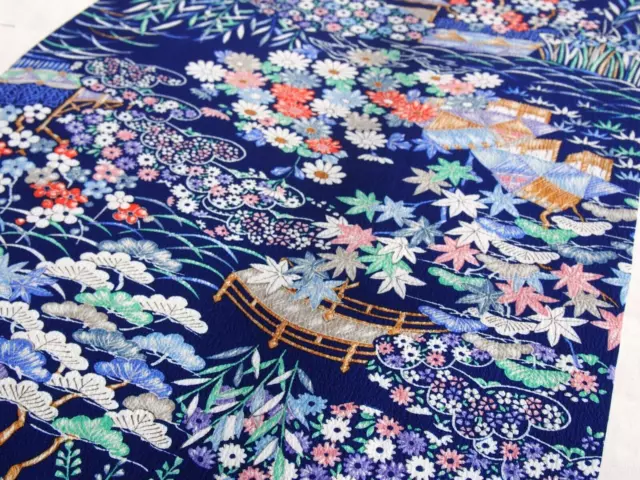 Japanese Kimono Silk Material, Blue Floral Trees Chayatsuji Crepe 160cm(63")