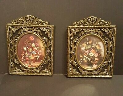 Vintage Italy Pr Ornate Brass Metal on Velvet Frames w/Oval Glass Floral Prints