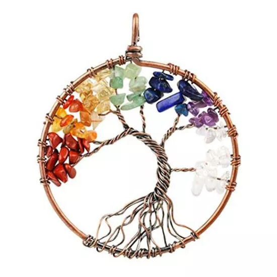 Natural Healing Crystal Quartz Tree of Life Wire Wrapped Stone Pendant Necklace