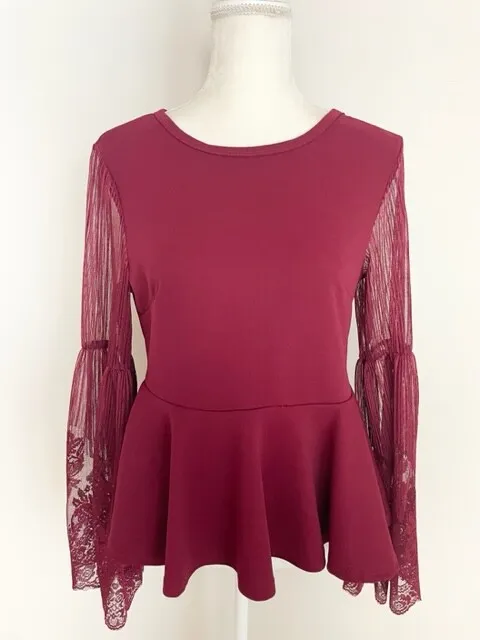 Shein Womens Blouse Size L Maroon Red Scoop Neck Lace Bell Sleeve Peplum Hem