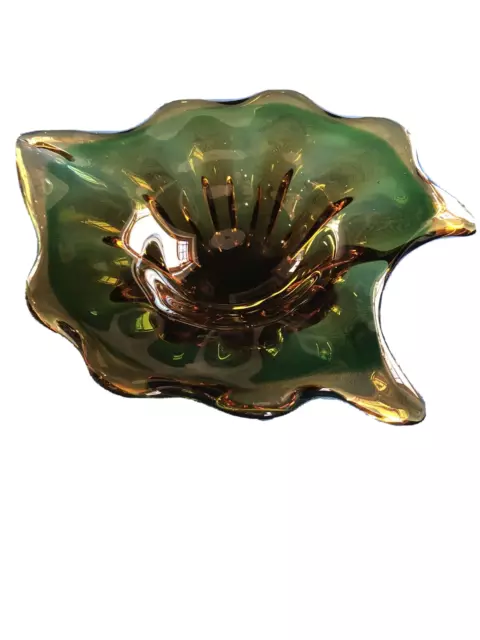 Signed Art Glass Bowl Green and Brown Sommerso Style Contemporary