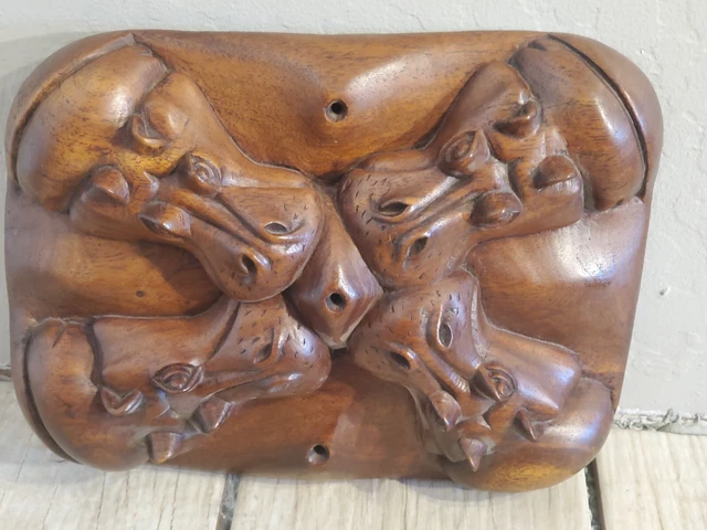Wood Carved African Four Hippos Hippopotamus Carving w/ Heads Above Water