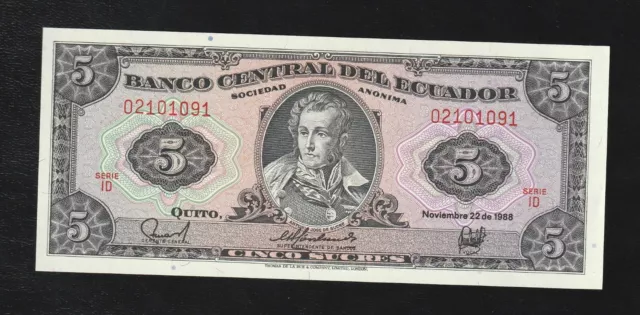Ecuador, 5 Sucres, P -113d, 1988, UNC Banknote