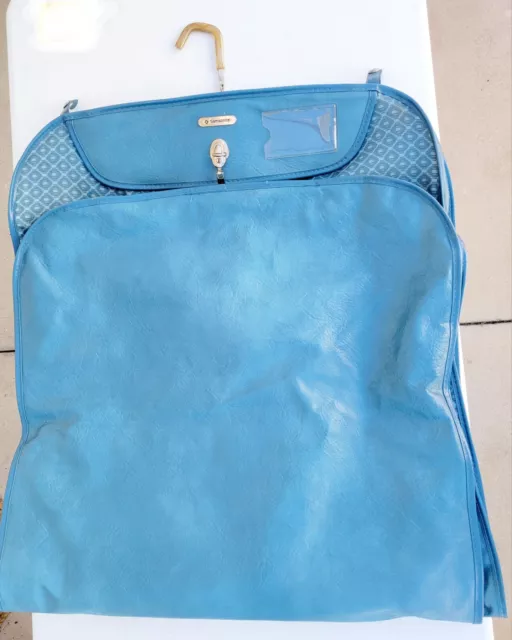Vintage Samsonite Blue Leather Hanging Garment Suit Dress Bag Travel Silhouette