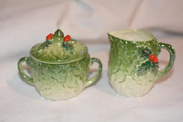 Vintage Japan Hand-Painted Green Ivy/Berry Christmas SUGAR Creamer Ceramic Rare