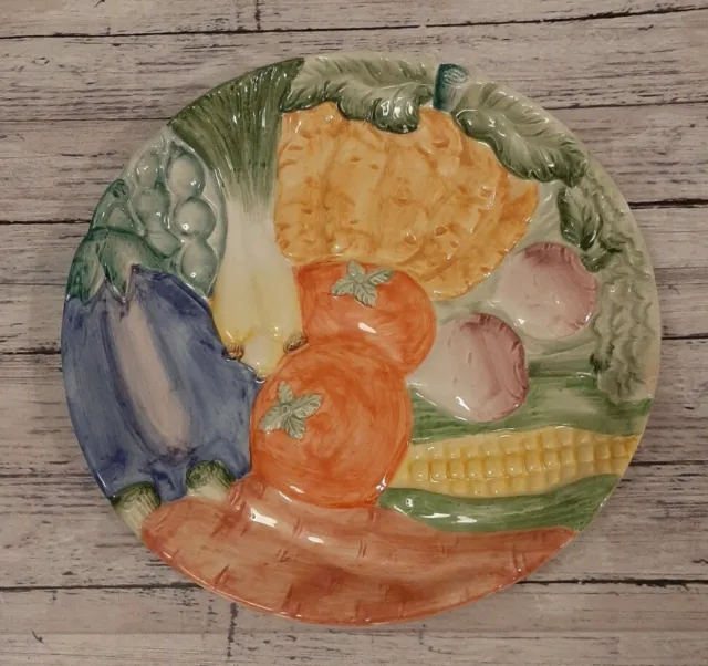 Majolica Style Plate With  Vegetable Motif 7 1/2 Inches