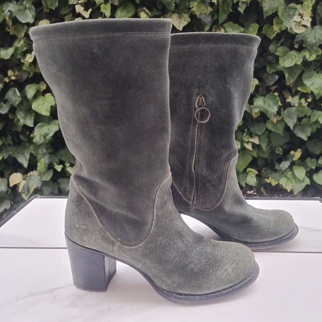 Fiorentini Baker Olive Suede Boots Size 37.5 Mid Calf High Block Heel Italy