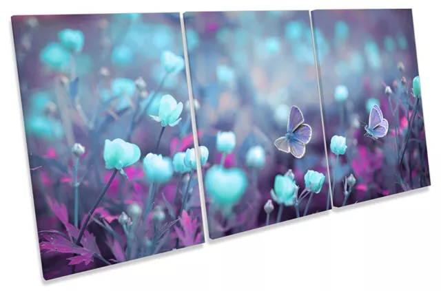 Butterfly Flowers Floral Modern Picture CANVAS WALL ART TREBLE Print Turquoise